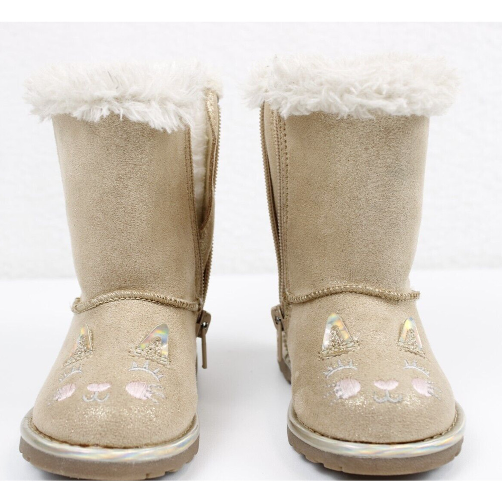 Self Esteem Kitty Face Boot Toddler Girl 5 Glittery Shoe Tan Faux Fur Side Zip